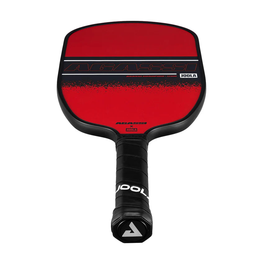 JOOLA Agassi Champion SS25 12MM ピックルボール パドル ボトムビューとグリップエンドのディテール